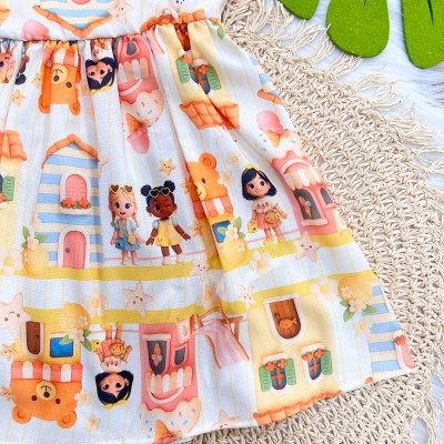 Vestido Bonequinhas e Casinhas Alaranjado